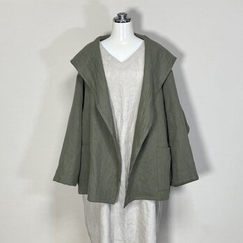 【厚手リネン】フード付きジャケット◆オリーブ◆フリーサイズ（ウィンターリネン、15番手リネン100％）