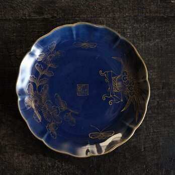 瑠璃釉で素敵◆草花と蝶々。伊万里　瑠璃釉花蝶文七寸中皿　骨董・antiques 工芸品　江戸期　i2