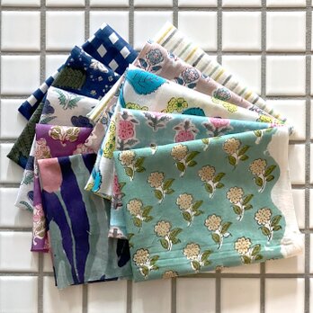 インド ブロックプリント生地 ミニカットクロス10枚セットv20 寒色系 [W34XH40cm]ファブリックIF0430