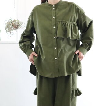 cotton flannel frill pocket blouse  (army green)
