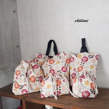 【sale】【北欧リネン】入園バッグ５点セット：花柄：レトロレッド【0442】