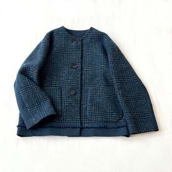 ピュアウール・ネップツイード・グレンチェック＆スーパーファイン・フラノ・ノーカラーショートコート