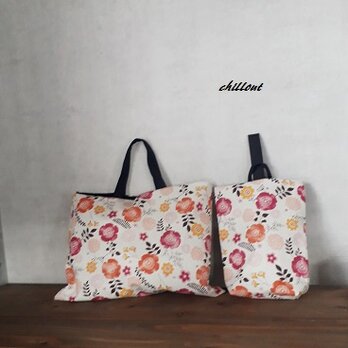 【sale】【北欧リネン】入園バッグ２点セット：花柄：レトロレッド【0443】