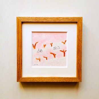 「桜並木」原画 ※木製額縁入り（18㎝角）一点物 水彩 イラスト 北欧インテリア