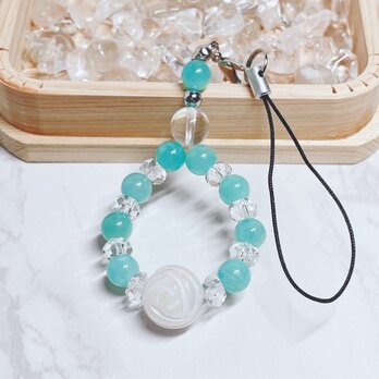 周囲に気を遣いすぎているあなたへ 天然石ストラップ｜ローズクォーツ薔薇・アマゾナイト・水晶 No.814S