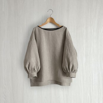 ボリューム袖ボートネック7分袖丈プルオーバー_リネン100%_Natural