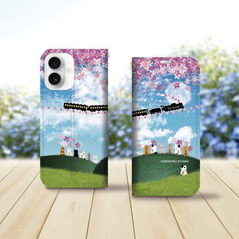 帯なし iPhone 手帳型スマホケース （カメラ穴あり/はめ込みタイプ）【ほのぼのにゃんこ（さくら銀河鉄道）】