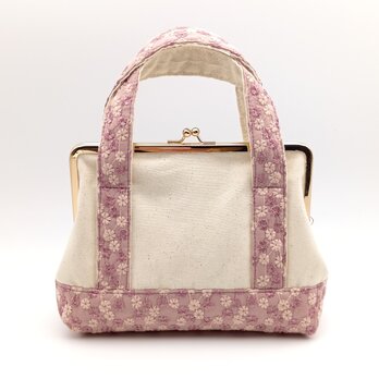 春カラー　花柄刺繍　がま口ハンドバッグ　トートバッグ風　18cm口金　くすみピンク　594