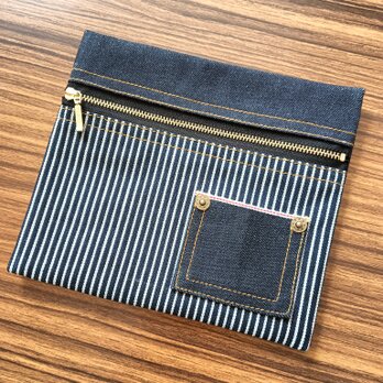 ぺたんこポーチ ☆ 岡山デニム【ブラック×ゴールド】ヒッコリー　セルビッチ　赤耳　ポーチ　小物入れ