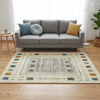 ペルシャ ギャッベ　リビング　ラグ　198x154cm　ベージュ　パネル　生命の木　ヤギ　羊　RJ8260