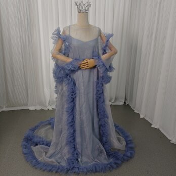 パーティードレス ブルー ツーピース ふわふわ袖 上質オーガンジー 揺らめく裾 マタニティドレス 大きいサイズ