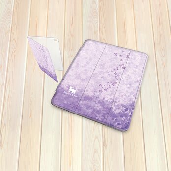 手帳型 iPadケース 【バックカバー：ハードタイプ】片面印刷/カメラ穴有/オートスリープ対応【さくらと白猫（藤色バージョン）】