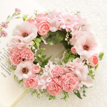 母の日 春色カーネーションのナチュラルフラワーリース［ピンク］