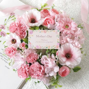 母の日 春色カーネーションのナチュラルフラワーリース［ピンク］