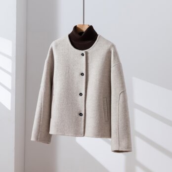 大人のための手縫いウール100%ショートコート　ダブルフェースジャケット　 ベージュ　260104-1