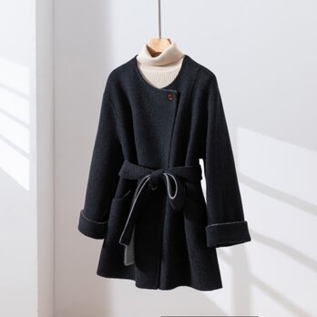 上質なウール＆カシミヤ素材のダブルフェイスコート　ベルト付き　ダークグレー　260105-1