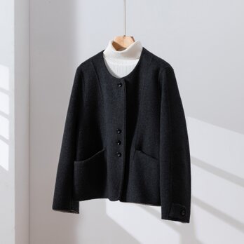 軽やかで温かなショートコート ウール混ダブルフェイスショートコート ダークグレー　260107-3