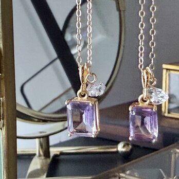 【2月・4月の誕生石】願いを澄ませ、次の一歩へ。アメシストとハーキマーダイヤモンド（水晶）のネックレス（K14GF）