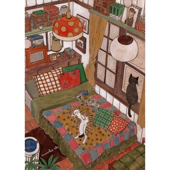 「寝室の猫たち」猫イラスト（原画）一点物 インテリアアート
