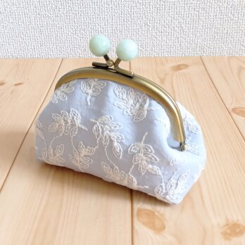 葉っぱ刺繍　がま口ミニポーチ　10cm口金　小さめ　サックスブルー　598