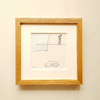 【春風が吹く絵】原画「春を告げる」※18㎝角 栗材の木製額縁入り 一点物・インテリアアート・犬の絵・水彩画