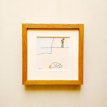 原画 「春を告げる」※木製額縁入り（18㎝角）・ペン画・水彩・イラスト・インテリアアート・送料無料