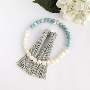 【女性用/主玉8mm】白蝶貝とアマゾナイト・バイカラーの数珠・略式念珠/正絹鶸房