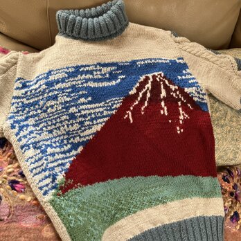 手編みプルオーバー富嶽三十六景凱風快晴(メンズM)