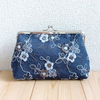 花柄刺繍　がま口メイクポーチ　14cm口金　ネイビー　607