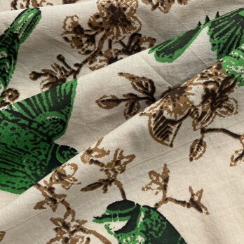インド ブロックプリント生地 [50cm単位切売] カラムカーリー 花と鳥 グリーン バード フラワーSA IF0443