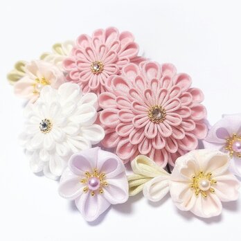 つまみ細工の髪飾り Ｕピン ７点セット【ピンク･白･紫】