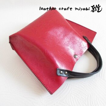 手縫い♪《牛革》底マチワイド・パールレッド・一枚革のミニトート・0506