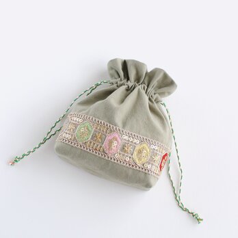 インド刺繍リボンのマチのある巾着ポーチ 　グリーン