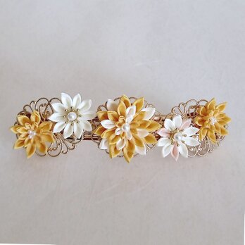 つまみ細工　お花のバレッタ　大　イエロー　透かしゴールド