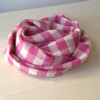 ホームスパン　リネン×カシミヤマフラー　ピンク大きめギンガムチェック