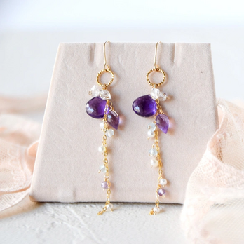 紫の花雫 ― アメジストxハーキマーダイヤモンド ロングピアス14kgf
