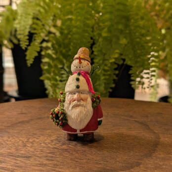 サンタクロース（木彫り）スノーマンの帽子+リース