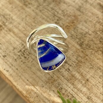 ガラスの鉱石のリング/950silve・槌目・紺ガラス#12