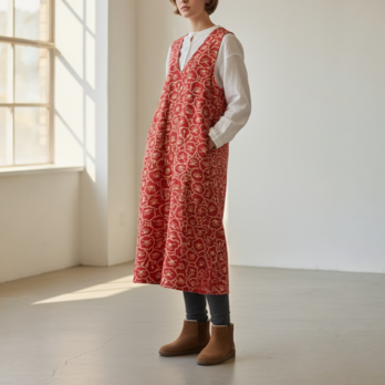 Aライン　ジャンパースカート【送料込み】着物リメイクリ　レッド