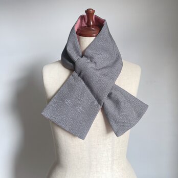 【1点もの】着物 襟巻き ネックウォーマー -絹着物地 青灰 格子に鳥 & 新毛斯 セピアローズ（ヴィンテージ） NW726