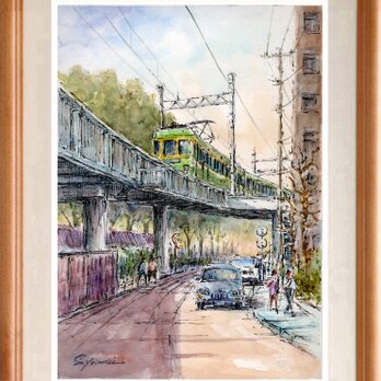 水彩画原画　江ノ電高架を走る・藤沢市内　＃716