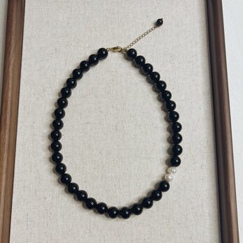 Luz オブシディアン ネックレス｜天然石×淡水パール｜お守りジュエリー　北欧