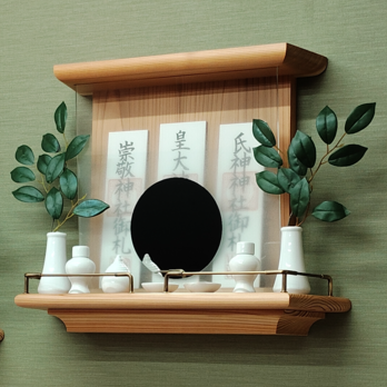 【 未来を拓く神棚　 神の鏡 】　三社宮神棚　三河杉赤身無垢材　　モダン神棚 壁掛け型　ハンドメイドオリジナル商品