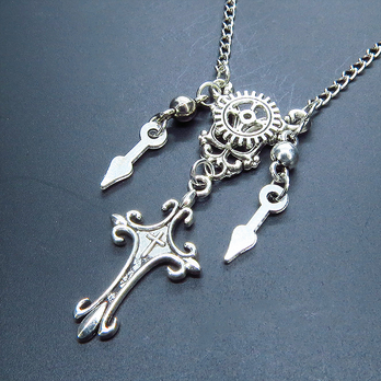 アンティークシルバー スチームパンク風のスリムなロザリオと歯車のネックレス 時計の針 長さ調整可 アジャスター可