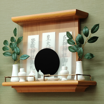 【 未来を拓く神棚　 神の鏡 】　三社宮神棚　タモ材無垢　　モダン神棚 壁掛け型　ハンドメイドオリジナル商品