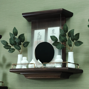 【 未来を拓く神棚　 神の鏡 】　二社宮神棚　ウォールナット無垢材　　モダン神棚 壁掛け型　ハンドメイドオリジナル商品