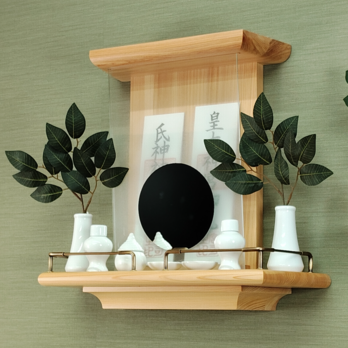 【 未来を拓く神棚　 神の鏡 】　二社宮神棚　三河桧無垢材　　モダン神棚 壁掛け型　ハンドメイドオリジナル商品