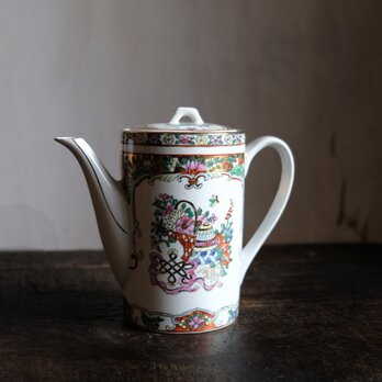 花籠と蝶々と花瓶◆中国廣彩　色絵金彩ティーポット　チャイナレトロ　シノワズリ　茶器　インテリア