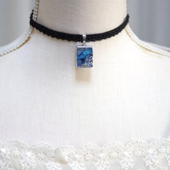 【受注製作】レジンアート　長方形モチーフとタティングレースとベルベットリボンのチョーカー〈深夜の旅〉