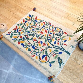 ペルシャ　ギャッベ　玄関マット　ラグ　87x62cm　アイボリー　生命の木　鳥 RJ15040